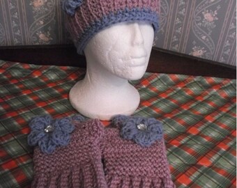 Hand Crocheted Headband Ear Warmers & Matching FIngerless Gloves