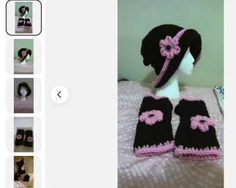 Black/Pink Handmade Knitted/Crocheted BOHO Style Hat & Fingerless Gloves