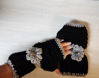 Pretty Black/Gray Handmade Knitted/Crochet  Fingerless Gloves