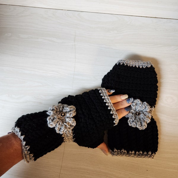 Pretty Black/Gray Handmade Knitted/Crochet  Fingerless Gloves