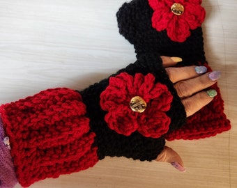 Pretty Red/Black Handmade Knitted/Crochet  Fingerless Gloves