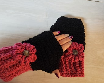 Hand Crocheted Ready To Ship Magenta Pink/ Black Fingerless Gloves