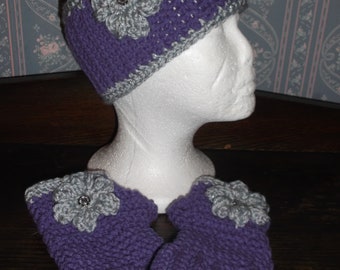 Pretty Purple/Gray Headband/ Ear Warmers & Matching Fingerless Gloves