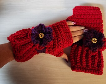 Handmade Knitted/Crocheted Red Hat Inspired Red And Purple Fingerless GLoves