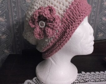 Cute And Trendy Creme Ivory/Pink  Handmade Knitted/Crochet Women Hat