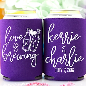 Custom Can Coolers Love is Brewing Wedding Can Cooler Personalized Wedding Favors for Guests Wedding Gifts