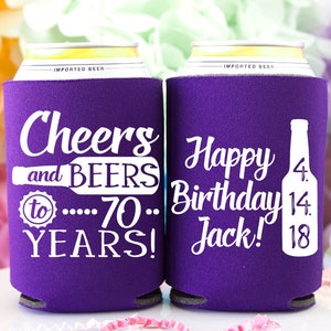 70th Birthday Cheers & Beers to 70 Years Can Coolers Cheers Birthday Favor Personalized Party Favors 70th Birthday Gift for Him Beer Coolers