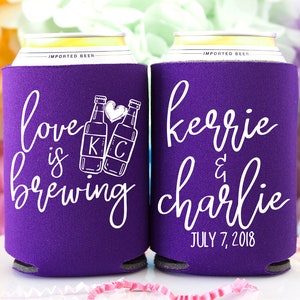 Custom Can Coolers Love is Brewing Wedding Can Cooler Personalized Wedding Favors for Guests Wedding Gifts