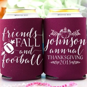 Thanksgiving Favors, Thanksgiving Party, Friends Fall & Football Can Coolers, Wedding Favor, Party Favor, Family Reunion, Beverage Holder