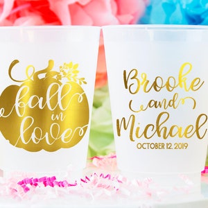 Fall in Love Personalized Plastic Cups Wedding Party Cups Custom Wedding Cups Pumpkin Wedding Decor Monogram Cups Frosted Cups Printed Cups