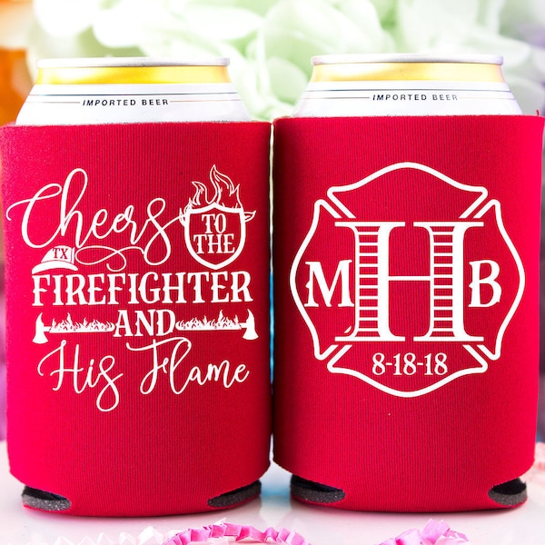 Fireman Wedding Firefighter & His Flame Personalized Wedding Can Coolers Wedding Favor Custom Can Coolers Wedding Favors for Guests