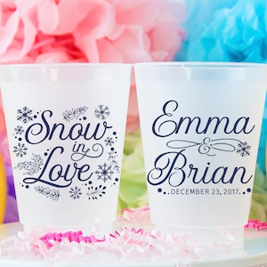 Snowflake Wedding Personalized Plastic Cup, Winter Wedding Party Cups, Snow in Love Frosted Cups, Winter Engagement Party, Frosted Cups