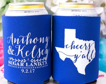 Texas State Map Wedding Can Coolers Cheers Y'all Wedding Favors Rehearsal Dinner Personalized Destination Favors Custom Bachelorette Party