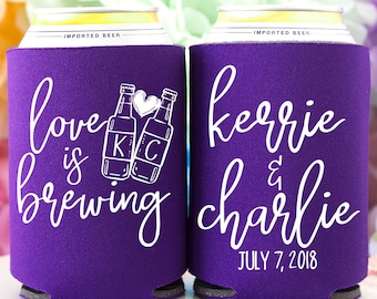 Custom Can Coolers Love is Brewing Wedding Can Cooler Personalized Wedding Favors for Guests Wedding Gifts