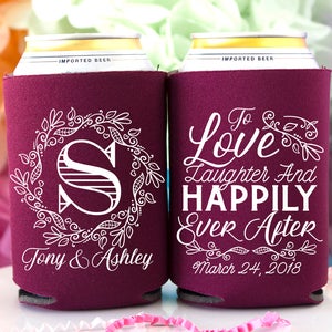 Personalized Wedding Can Coolers, Love Laughter Happily Ever After, Beer Hugger, Wedding Favors, Rustic Wedding Decor, Rehearsal Dinner