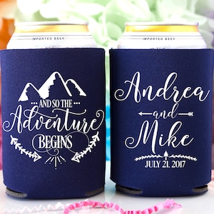 The Adventure Begins Can Cooler - Travel Wedding Gifts - Bridal Shower Favors - Drink Hugger - Beverage Insulator - Rustic Wedding Favor