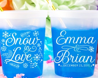 Snow in Love Wedding Cups, Snowflake Wedding, Holiday Wedding, Christmas Wedding, Winter Engagement Party, Color Changing Cups, Moods Cups