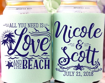 Beach Wedding Can Cooler - Destination Wedding Favor - Custom Beer Hugger - Beverage Insulator - Summer Wedding - Tropical Wedding Favors