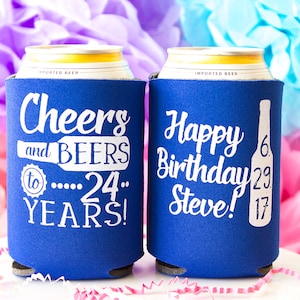 Birthday Favor, Cheers & Beers, Party Favor, Birthday for Him, Custom Can Cooler, Beer Holder, Bday Party Favor, Masculine Birthday Gift