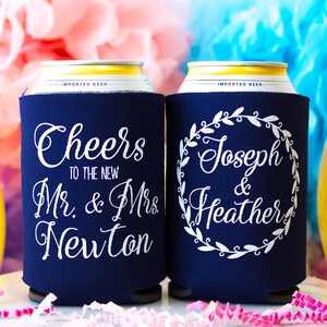 Rustic Wedding Favor, Wedding Can Cooler, Cheers to the New Mr & Mrs, Beverage Holder, Wedding Gift, Can Hugger, Can Insulator, Beer Holder
