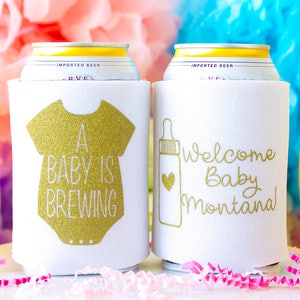 A Baby is Brewing, Baby Shower Favors, Baby Shower Party, Can Coolers, Party Favors, Gender Reveal, Couples Shower, Welcome Baby