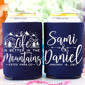 Mountain Wedding Favors, Destination Favor for Guests, Personalized Can Cooler, Rustic Wedding Favor, Colorado Wedding, Reception Favor