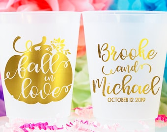 Fall in Love Personalized Plastic Cups Wedding Party Cups Custom Wedding Cups Pumpkin Wedding Decor Monogram Cups Frosted Cups Printed Cups