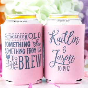 Wedding Can Coolers, Wedding Guest Favors, Rustic Wedding Favors, Personalized Can Coolers, Beer Holder, Fall Wedding, Spring Wedding, Pink