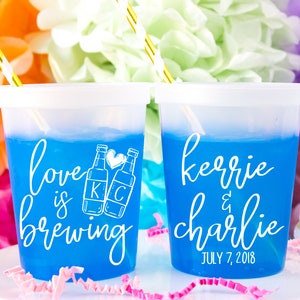 Love is Brewing Wedding Favors for Guests Personalized Wedding Cups Plastic Cups Custom Cups Party Cups Beer Cups Color Changing Cups