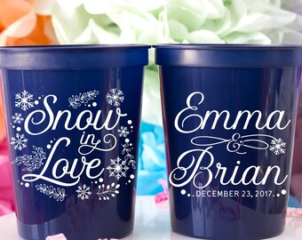 Snow in Love Wedding Cups, Snowflake Wedding Favors, Christmas Wedding Stadium Cups, Holiday Wedding, Personalized Cups, Winter Engagement