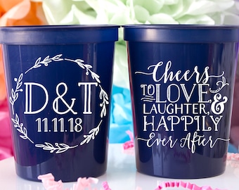 Monogram Stadium Cups - Cheers to Love Laughter & Happily Ever After - Plastic Wedding Cups - Custom Stadium Cups - Wedding Favor Cups