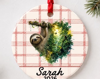 Sloth Christmas Ornament, Personalized Sloth Lover Gift, Custom Name and Year Keepsake for Animal Lovers