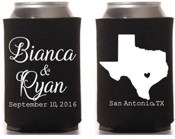 Texas State Pride Wedding Can Coolers, Custom Beer Sleeve, Wedding Favor, Personalized Wedding Favor, Southern Wedding Favor, Keepsake Favor