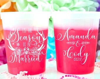 Christmas Wedding Cups, Tis the Season to be Married, Antler Wedding, Floral Wedding, Rustic Christmas Decor, Color Changing Cups, Mood Cups