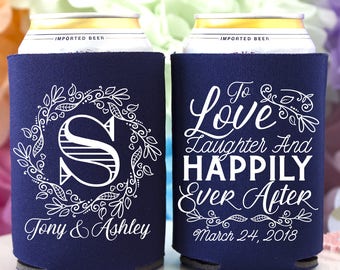 Happily Ever After Can Cooler - Monogram Can Cooler - Wedding Favor - Beverage Insulator - Bridal Shower Favor - Reception Favors