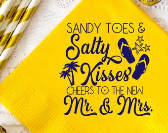 Tropical Wedding Personalized Napkins Sandy Toes Salty Kisses Cheers to New Mr Mrs Customized Napkins Palm Beach Wedding Starfish Mexico