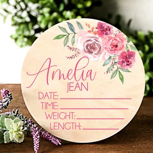 Round Floral Wooden Baby Name Sign Baby Girl Nursery Decor Newborn Stats Sign Birth Hospital Sign Photo Prop Personalized Announcement