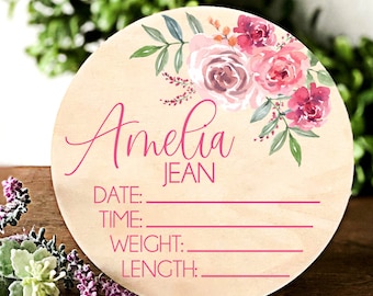 Round Floral Wooden Baby Name Sign Baby Girl Nursery Decor Newborn Stats Sign Birth Hospital Sign Photo Prop Personalized Announcement