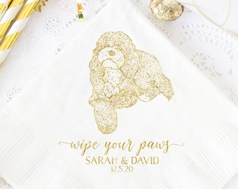 Wipe Your Paws, Custom Pet Illustration Wedding Napkins, Wedding Cocktail Napkins, Bridal Shower Napkins, Gold Foil Napkins, Bar Napkins
