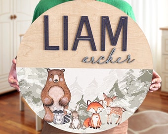 Round 3D Nursery Name Sign Baby Name Sign Woodland Theme Nursery Wall Art Wooden Name Sign Animal Themed Round Name Signs
