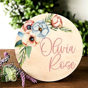 Baby Girl Floral Round Wood Sign Newborn Announcement Personalized Baby Name Custom Nursery Sign Baby Name Gift Wooden Nursery Decor