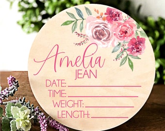 Round Floral Wooden Baby Name Sign Baby Girl Nursery Decor Newborn Stats Sign Birth Hospital Sign Photo Prop Personalized Announcement