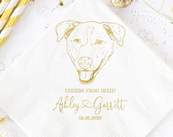 Custom First Name Napkins, Custom Pet Sketch Napkins, Dog Illustration Napkins, Wedding Cake Napkins, Wedding Bar Napkins, Cocktail Napkins