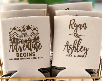 And So The Adventure Begins, Custom Wedding Can Cooler, Mountain Wedding Decor, Rustic Wedding Favors for Guests, Destination Wedding