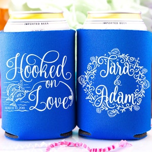 Fishing Wedding Favors for Guests, Fishing Theme, Fisherman Wedding, We Got Hooked on Love, Personalized Can Coolers, Fishing Pole