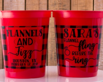 Flannels & Fizz Cups, Bachelorette Party Cups, Weekend in the Woods, Mountain Bachelorette, Personalized Cups, Buffalo Plaid Party Favors