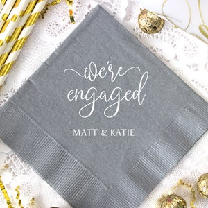 We're Engaged, Personalized Cocktail Napkins, Custom Wedding Napkins, Engagement Party Napkins, Wedding Bar Napkins, Bridal Shower