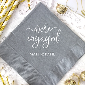 We&#39;re Engaged, Personalized Cocktail Napkins, Custom Wedding Napkins, Engagement Party Napkins, Wedding Bar Napkins, Bridal Shower