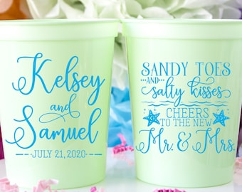 Sandy Toes and Salty Kisses, Custom Wedding Cups, Custom Stadium Cups, Beach Wedding Favors, Cheers To The New Mr & Mrs, Tropical Wedding