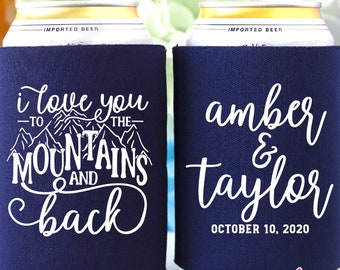 Mountain Wedding Favors Personalized Can Cooler Custom Wedding Favor Wedding Can Cooler Beer Cooler Wedding Giveaways Destination Wedding
